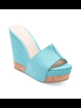 NWOT BCBGeneration "Rexx"  Blue Suede Open-Toe Cork Wedge Slide Sz 8.5